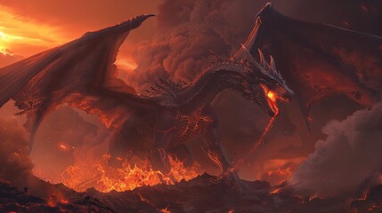 Wall Mural - A fierce red dragon with large, fiery wings is shown mid-roar