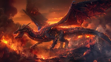 Wall Mural - A fierce red dragon with large, fiery wings is shown mid-roar