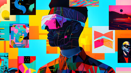 Sticker - Abstract Collage Illustration of Man in VR Headset with Colorful Shapes