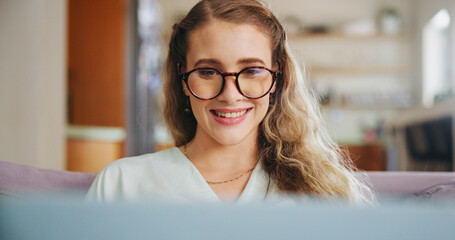 Sticker - Student, girl and laptop for education at house with online learning, project research and studying for test. Woman, glasses and digital for university email, assessment report and reading feedback