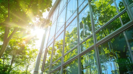 Sunlit trees reflecting on modern glass building facade