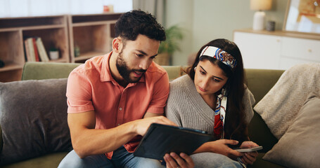 Poster - Couple, smile and tablet search in living room, home and watching video or online streaming for movies or bonding. Internet, networking and social media on sofa for man and woman, care or affection