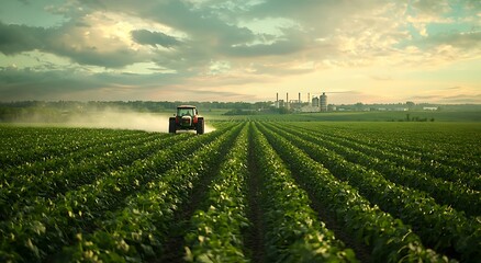 A red tractor sprays a field of crops, with a factory in the background on a cloudy summer day.