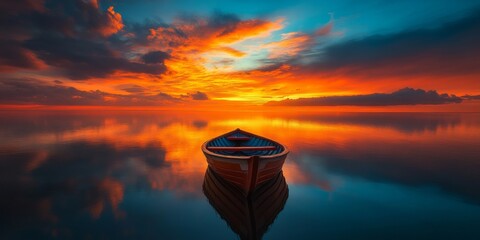 A wooden boat floating on a calm lake or ocean with a vibrant orange and blue sunset sky reflected in the water