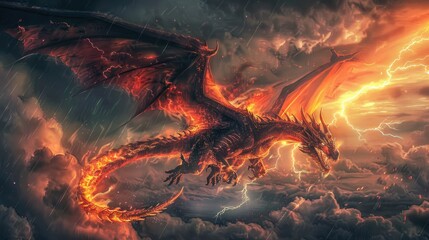 Wall Mural - A fierce red dragon with large, fiery wings is shown mid-roar