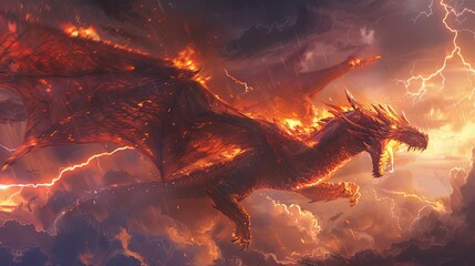 Wall Mural - A fierce red dragon with large, fiery wings is shown mid-roar