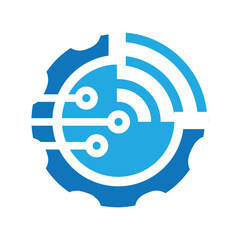 Poster - This is a simple flat logo of a cog or gear with sound wave and transistor line in blue color for tech company wi-fi logo