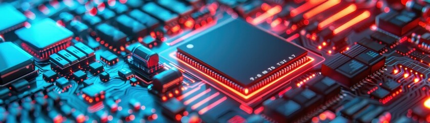 Wall Mural - Close-up of a Modern Microchip on a Circuit Board with Glowing Red and Blue Lights