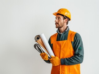 A thoughtful construction worker in a hard hat holds architectural plans, ready to discuss a new project in a bright workspace.