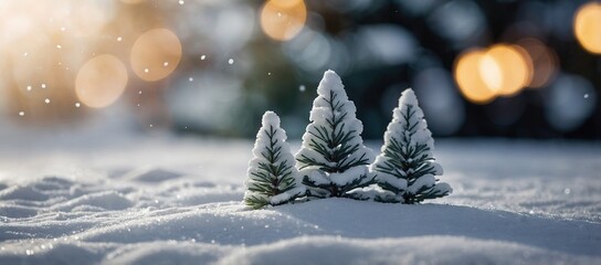 Wall Mural - Empty white snow with blur Christmas tree with bokeh light