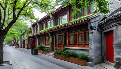 nanluogu lane's characteristic building, gray brick walls and green trees complement each other, sho