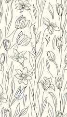 Wall Mural - pattern of delicate line art spring flowers