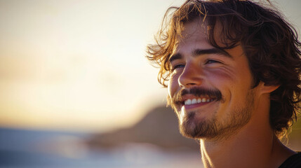 Portrait of a young caucasian man with a moustache with copy space and beach in background