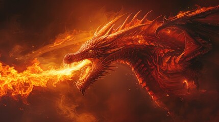 Wall Mural - A fierce red dragon with large, fiery wings is shown mid-roar