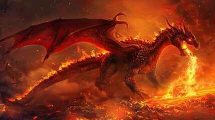 Wall Mural - A fierce red dragon with large, fiery wings is shown mid-roar