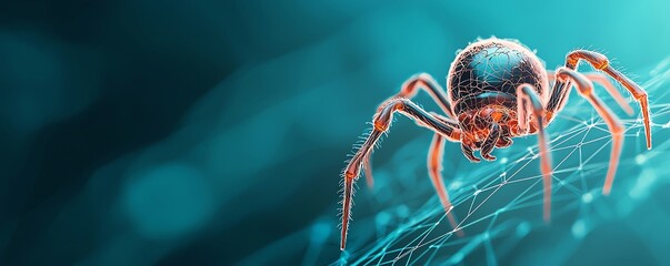 Close-up of a spider delicately perched on a web, showcasing its intricate structure against a vibrant blue background.