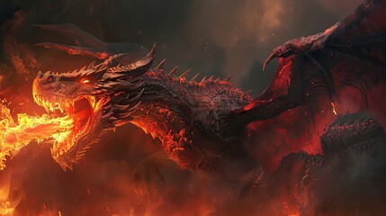 Wall Mural - A fierce red dragon with large, fiery wings is shown mid-roar