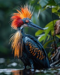 A vibrant bird with orange and black feathers stands in a body of water.