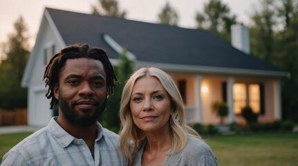 Happy young married interracial couple standing in front of their new house, concept of real estate, house sale buying