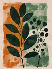 Wall Mural - Abstract botanical art with green and orange tones.