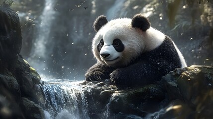 Poster - giant panda eating bamboo in the water