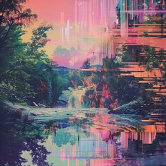 Canvas Print - glitch landscape image in neon colors