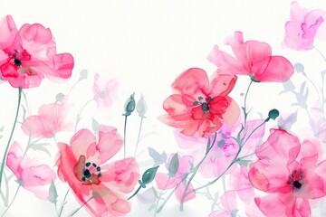 Wall Mural - pink watercolor flowers on white background