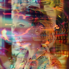 Canvas Print - glitch head of a digital bit mapped woman in neon colors