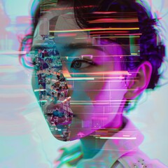 Canvas Print - glitch head of a digital bit mapped woman in neon colors