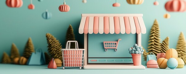 Ecommerce website interface flat design top view for retail theme cartoon drawing colored pastel