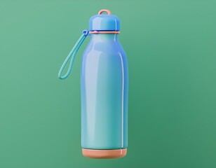 3D blue water bottle with a pink lid and a blue strap, 3D render