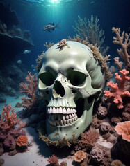 Wall Mural - A skull resting on the ocean floor, encrusted with coral and seaweed. Schools of fish swim through the eye sockets