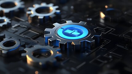 Poster - 3D Abstract Search Engine Icon with Floating Gears Symbolizing Digital Technology Mechanics