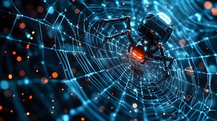 Poster - 3D Digital Spider Web with Search Engine Robot Navigating the Network