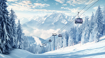 Wall Mural - Winter Mountains Panorama: A panoramic view of winter mountains with ski slopes and ski lifts