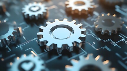 Poster - 3D Abstract Search Engine Icon with Floating Gears Symbolizing Digital Mechanics
