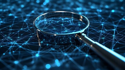 Poster - 3D Magnifying Glass Zooming on Complex Digital Network Symbolizing Search Engine Insights