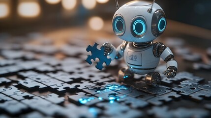 Poster - 3D Search Engine Robot Piecing Together Digital Puzzle Symbolizing Assembly of Results