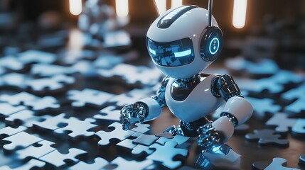 Poster - 3D Search Engine Robot Piecing Together Digital Puzzle Symbolizing Information Discovery and Assembly