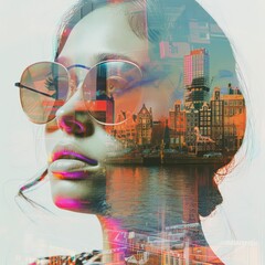 Canvas Print - abstract woman face with a double exposure effect in a music event