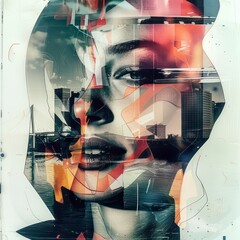 Wall Mural - abstract woman face with a double exposure effect in a music event