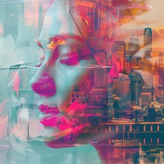 Canvas Print - abstract woman face with a double exposure effect in a music event