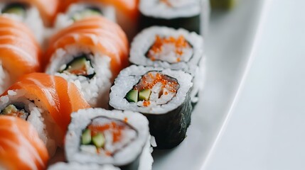 Aufkleber - Beautifully Arranged Sushi Rolls on a White Plate with Vibrant Ingredients