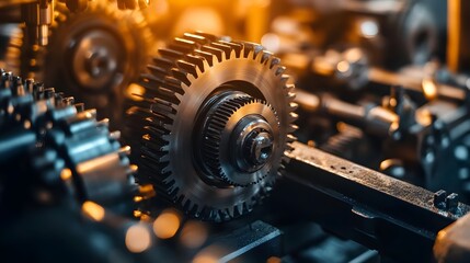 Poster - Close up of Intricate Metallic Gears and Cogs in a Illuminated Machine Shop