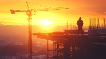 Poster - Engineer Silhouette on Bridge Construction at Sunset