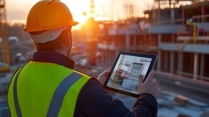 Poster - Engineer Using Tablet to Scan Construction Site in Sunset Lighting