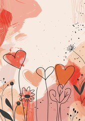 Wall Mural - abstract drawn hearts and flowers illustration on pastel pink background