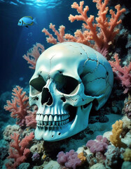 Wall Mural - A skull resting on the ocean floor, encrusted with coral and seaweed. Schools of fish swim through the eye sockets