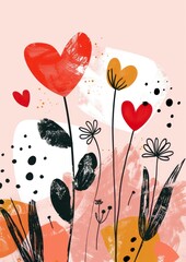 Wall Mural - abstract drawn hearts and flowers illustration on pastel pink background