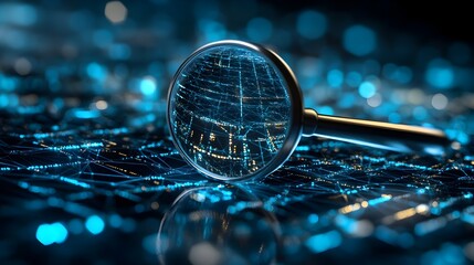 Poster - Hovering 3D Magnifying Glass Revealing Hidden Digital Network Data